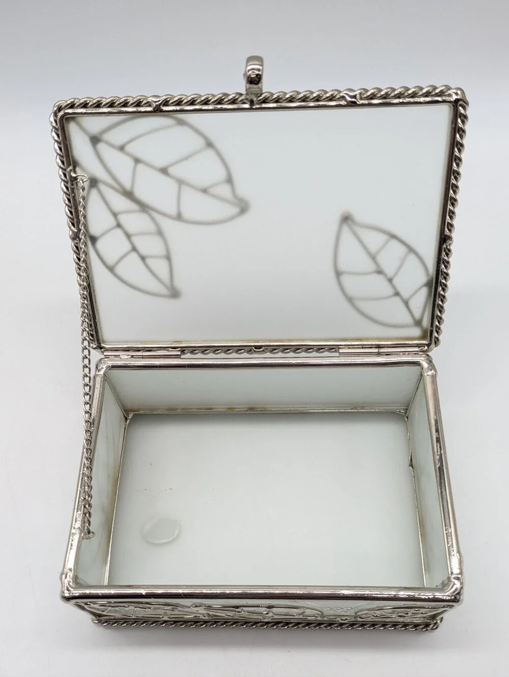 Frosted Glass Metal Leaf Design Rectangular Trinket Box